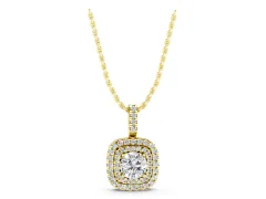 Round Diamond Double Halo Pendant Set in Yellow gold with Pavé Rings and Prong-Set Center