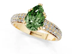 Fancy Green Pear Cut Diamond Solitaire Ring Set in Yellow gold with Multi-Row Round Pavé Band and Prong Setting
