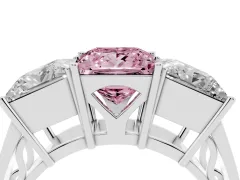 Fancy Pink Princess Cut Diamond Three-Stone Ring Set in White gold with Textured Band
