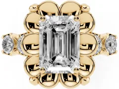 Emerald Cut Diamond Floral Halo Ring Set in Yellow gold with Shared Prong Band