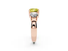 Fancy Yellow Princess Cut Diamond Three-Stone Ring Set in Rose gold with Round Side Stones and Classic Band