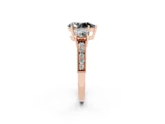 Fancy Black Pear Cut Diamond Three-Stone Ring Set in Rose gold with Round Side Stones and Pavé Band