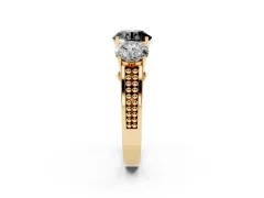 Fancy Black Round Cut Diamond Three-Stone Ring Set in Yellow gold with Textured Band