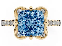 Fancy Blue Cushion Cut Diamond Solitaire Ring Set in Yellow gold with Pavé Band and Floral Prong Setting