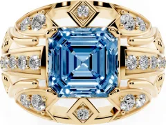 Fancy Blue Asscher Cut Diamond Art Deco Ring Set in Yellow gold with Pavé Split Shank