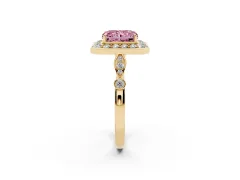 Fancy Pink Radiant Cut Diamond Halo Engagement Ring Set in Yellow gold with Twisted Band and Prong Setting