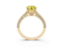 Fancy Yellow Round Cut Diamond Solitaire Ring Set in Yellow gold with Milgrain-Edged Pavé Band and Prong Setting