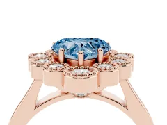Fancy Blue Heart Cut Diamond Cluster Halo Ring Set in Rose gold with Milgrain Bezel Accents and Plain Band