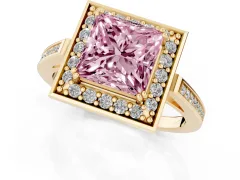 Fancy Pink Princess Cut Diamond Halo Ring Set in Yellow gold with Accent-Lined Split Shank and Prong Setting