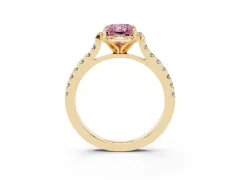 Fancy Pink Radiant Cut Diamond Solitaire Ring Set in Yellow gold with Pavé Band and Floral Prong Setting