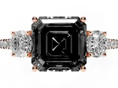 Fancy Black Asscher Cut Diamond Three-Stone Ring Set in Rose gold with Pavé Band and Graduated Sides