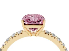Fancy Pink Radiant Cut Diamond Pavé Solitaire Engagement Ring Set in Yellow gold with Prong Setting