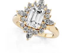 Emerald Cut Diamond Cluster Halo Ring Set in Yellow gold with Marquise and Round Accents