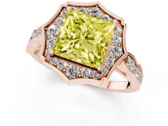 Fancy Yellow Princess Cut Diamond Halo Engagement Ring Set in Rose gold with Milgrain Band and Prong Setting