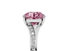 Fancy Pink Round Cut Diamond Solitaire Ring Set in White gold with Pavé Accent Band and Classic Prong Setting