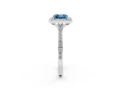 Fancy Blue Asscher Cut Diamond Halo Engagement Ring Set in White gold with Round Pavé Shoulders and Heart Gallery