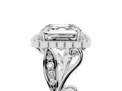 Asscher Cut Diamond Halo Ring Set in White gold with Leaf Motif Split Shank and Prong Setting