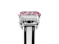 Fancy Pink Emerald Cut Diamond Three-Stone Ring Set in Platinum with Plain Polished Band