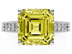 Fancy Yellow Asscher Cut Diamond Solitaire Pavé Milgrain Engagement Ring Set in Platinum with Prong Setting