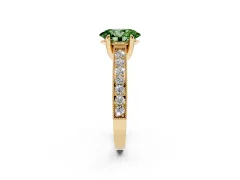 Fancy Green Oval Cut Diamond Solitaire Ring Set in Yellow gold with Milgrain-Edged Pavé Band and Prong Setting