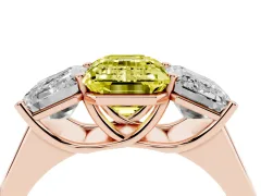 Fancy Yellow Emerald Cut Diamond Three-Stone Ring Set in Rose gold with Plain Polished Band