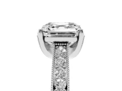 Asscher Cut Diamond Solitaire Ring Set in Silver with Milgrain-Edged Pavé Band and Prong Setting