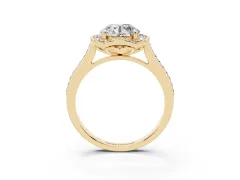 Round Cut Diamond Halo Ring Set in Yellow gold with Pavé-Lined Shoulders and Prong Setting