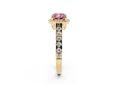Fancy Pink Cushion Cut Diamond Halo Engagement Ring Set in Yellow gold with Pavé Band and Prong-Set Center