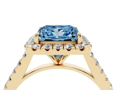 Fancy Blue Princess Cut Diamond Halo Pavé Engagement Ring Set in Yellow gold with Prong Setting