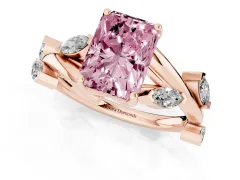 Fancy Pink Radiant Cut Diamond Solitaire Ring Set in Rose gold with Twisted Marquise Accent Band