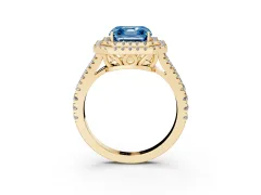 Fancy Blue Asscher Cut Diamond Double Halo Ring Set in Yellow gold with Pavé Band