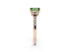 Fancy Green Emerald Cut Diamond Three-Stone Pavé Ring Set in Rose gold with Prong Setting