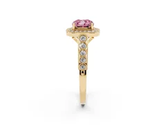 Fancy Pink Cushion Cut Diamond Milgrain Halo Solitaire Ring Set in Yellow gold with Bezel Set Side Stones and Pavé Band
