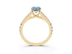 Fancy Blue Oval Cut Diamond Split Shank Pavé Engagement Ring Set in Yellow gold with Prong-Held Center Stone
