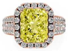 Fancy Yellow Radiant Cut Diamond Halo Ring Set in Rose gold with Pavé Band and Raised Center Setting