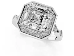 Asscher Cut Diamond Halo Engagement Ring Set in White gold with Twisted Band and Prong Setting