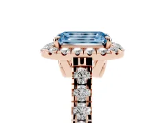 Fancy Blue Emerald Cut Diamond Halo Engagement Ring Set in Rose gold with Pavé Band and Prong-Set Center
