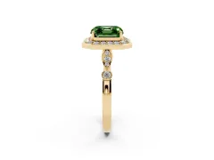 Fancy Green Asscher Cut Diamond Halo Engagement Ring Set in Yellow gold with Twisted Band and Prong Setting