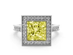 Fancy Yellow Princess Cut Diamond Halo Milgrain Pavé Band Ring Set in White gold with Prong Setting