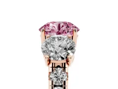 Fancy Pink Round Cut Diamond Three-Stone Ring Set in Rose gold with Pavé Band