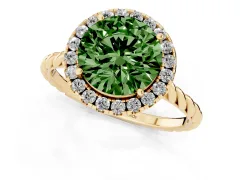 Fancy Green Round Cut Diamond Halo Ring Set in Yellow gold with Plain Twisted Band