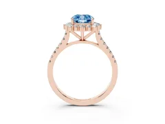 Fancy Blue Cushion Cut Diamond Halo Ring Set in Rose gold with Pavé Band and Prong Setting