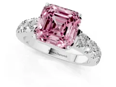 Fancy Pink Asscher Cut Diamond Solitaire Ring Set in Platinum with Cut-Down Micro Pavé Band and Prong Setting