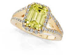 Fancy Yellow Emerald Cut Diamond Halo Split Shank Pavé Ring Set in Yellow gold with Prong Setting