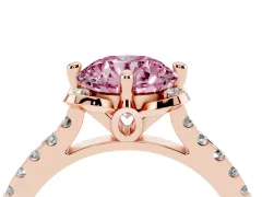 Fancy Pink Round Cut Diamond Solitaire Ring Set in Rose gold with Pavé Band and Floral Prong Setting