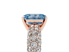 Fancy Blue Emerald Cut Diamond Pavé Band Solitaire Ring Set in Rose gold with Close-Set Accent Stones and Prong Setting