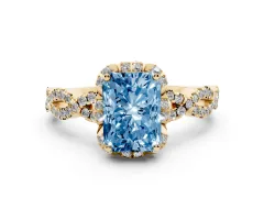 Fancy Blue Radiant Cut Diamond Halo Twist Band Solitaire Ring Set in Yellow gold with Prong-Set Center Stone
