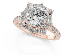 Cushion Cut Diamond Halo Ring Set in Rose gold with Pavé Band and Prong Setting