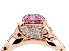 Fancy Pink Cushion Cut Diamond Leaf-Inspired Engagement Ring Set in Rose gold with Round Accents