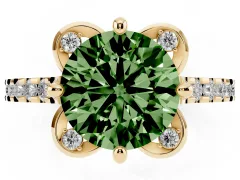 Fancy Green Round Cut Diamond Solitaire Ring Set in Yellow gold with Pavé Band and Floral Prong Setting